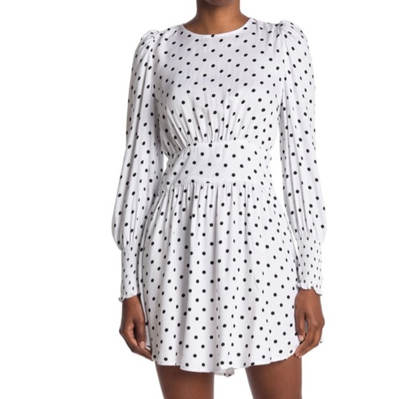 NWT AFRM Polka Dot Long Sleeve Cutout Smocked Mini Dress, Size Small - Picture 2 of 16